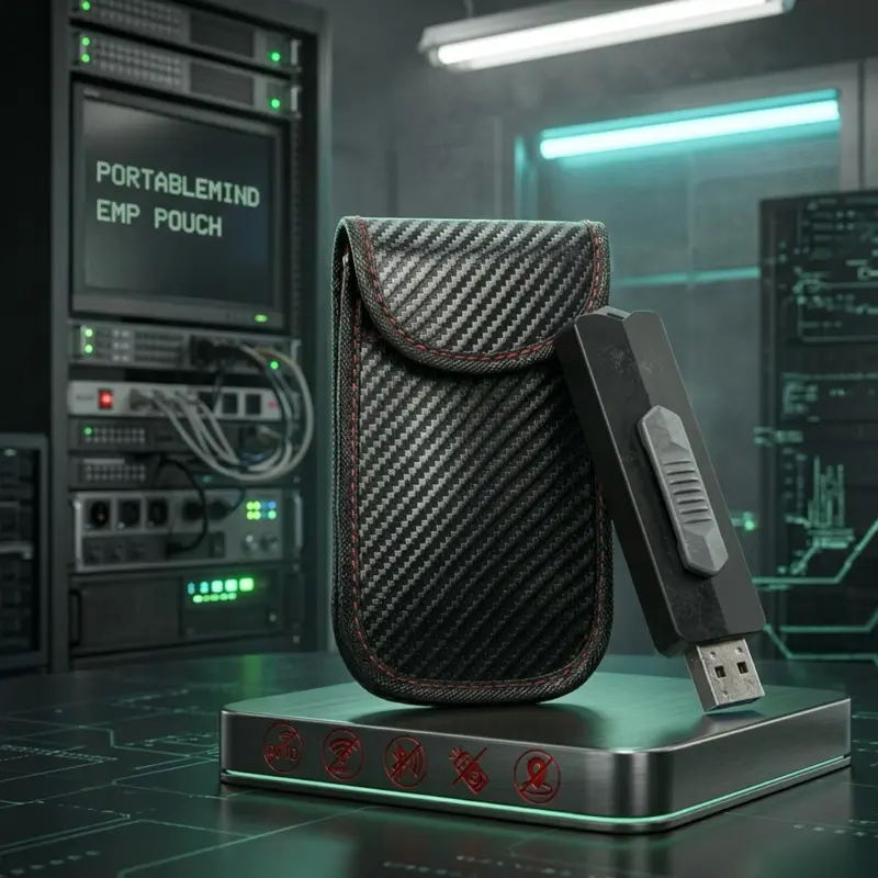 PortableMind EMP Pouch — Signal-Blocking Faraday Case for Offline AI USB | Carbon Fiber | RFID / NFC / Wi-Fi / Bluetooth / EMP Shielded