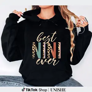 Trendy Women’s Black Crew Neck Long Sleeve Hoodie with "Best NINI Ever" Graphic