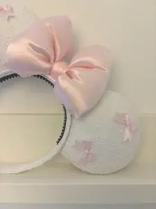 Coquette Bow Mouse Ears with Pink Bows - Velvet & Ribbon, Handmade with Comfortable Braided Lining