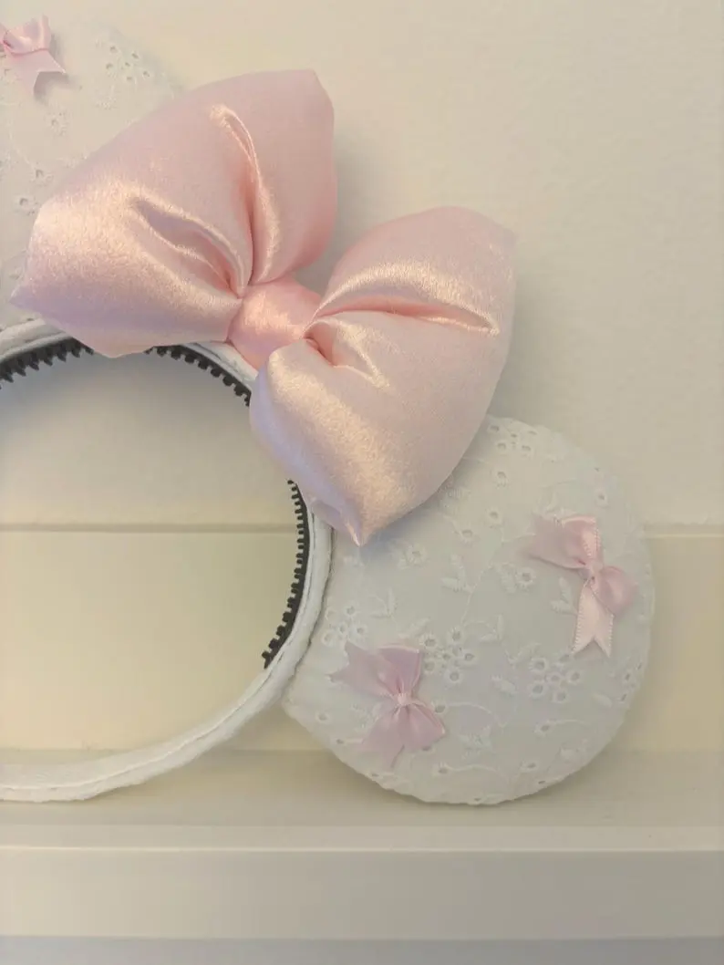 Coquette Bow Mouse Ears with Pink Bows - Velvet & Ribbon, Handmade with Comfortable Braided Lining