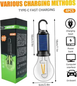 Solar camping lights hanging tent lantern, outdoor USB rechargeable bulb lamp with clip hook keychain, 3 lighting modes, ideal for Christmas decorations, hiking, and backpacking