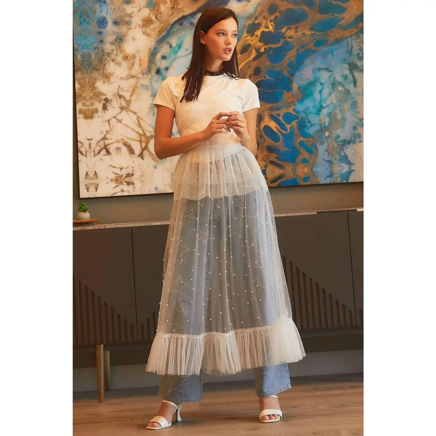 Pearl Ruffle See through Mesh Dress