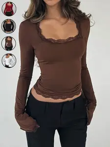 Women's Y2K Lace Trim Boho Ruched Bust Blouses Long Sleeve Square Neck Slim Fit Party T-Shirt Womenswear, Casual Going Out Crop Tops Streetwear Elegance