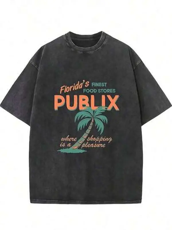 Unisex Vintage Shirt with Retro Florida Publix Graphic, Casual Oversized Crew Neck Tee in Washed Cotton, S, M, Vintage Shirts, Lightweight, Local Daily Wear, Streetwear, Tropical, Basic, Shortsleeve, Round Neck, Breathable, Classic