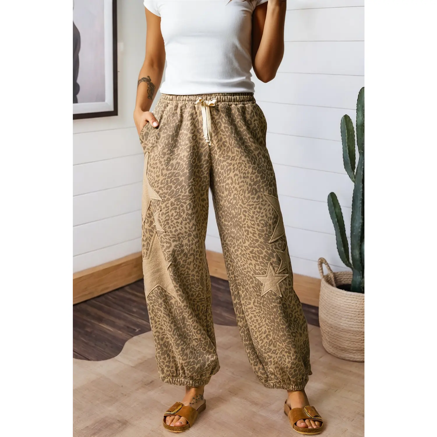 Leopard Star Patched Drawstring Jogger Pants