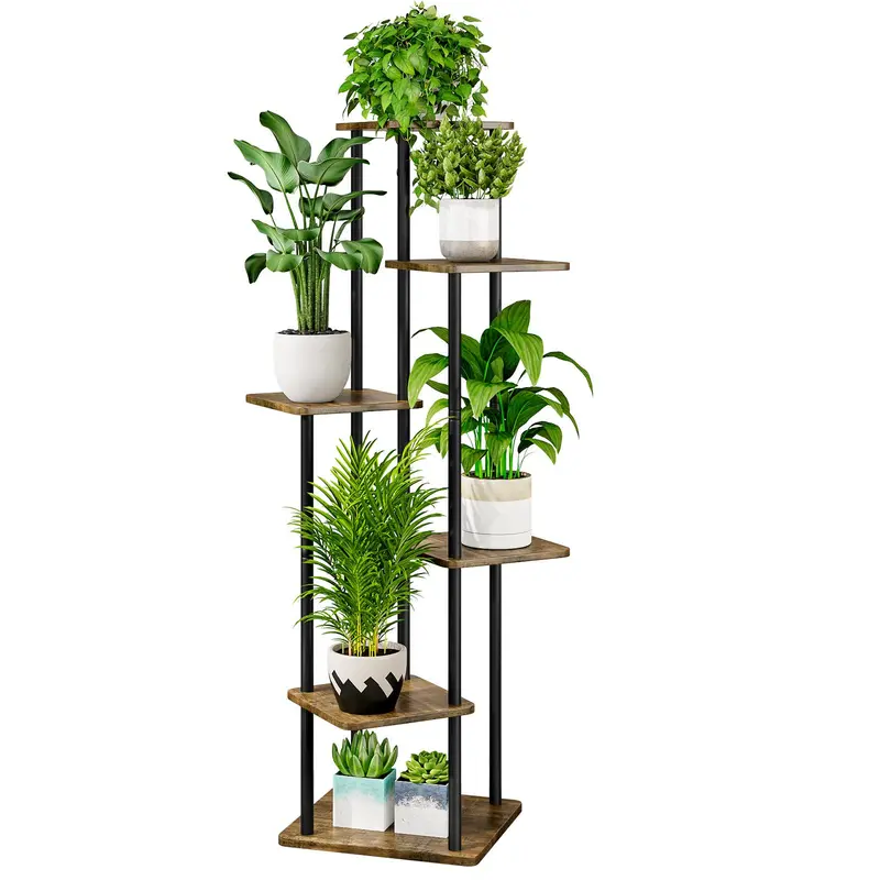 LINZINAR 6-Tier Durable Metal Corner Plant Holder - Anti-Slip Foot Stickers, Compression-Resistant, Heavy-Duty, MDF Board, Modern Look, Corner Type, Space Saver, Vertical Layout Spreads Sun Access, Indoor Tall Shelf for Bedroom, Living Room Organizer