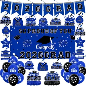 59Pcs Graduation Decorations 2026 Backdrop Balloons Banner Centerpiece Hanging Swirls Grad Class of 2026 Decorations for kindergarten K-12th College Any Grade Blue Themed