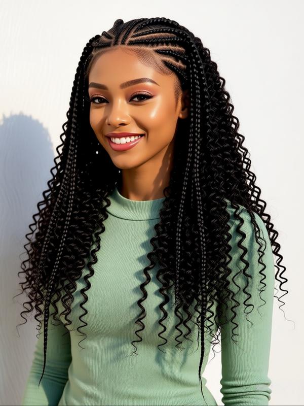 13x6 HD Lace Frontal Half-Braided Curly Wigs, Synthetic Braids Half-Cornrows Half-Curly Wig with Baby Hair, Pre-Styled Braid Wigs, 18 Inch