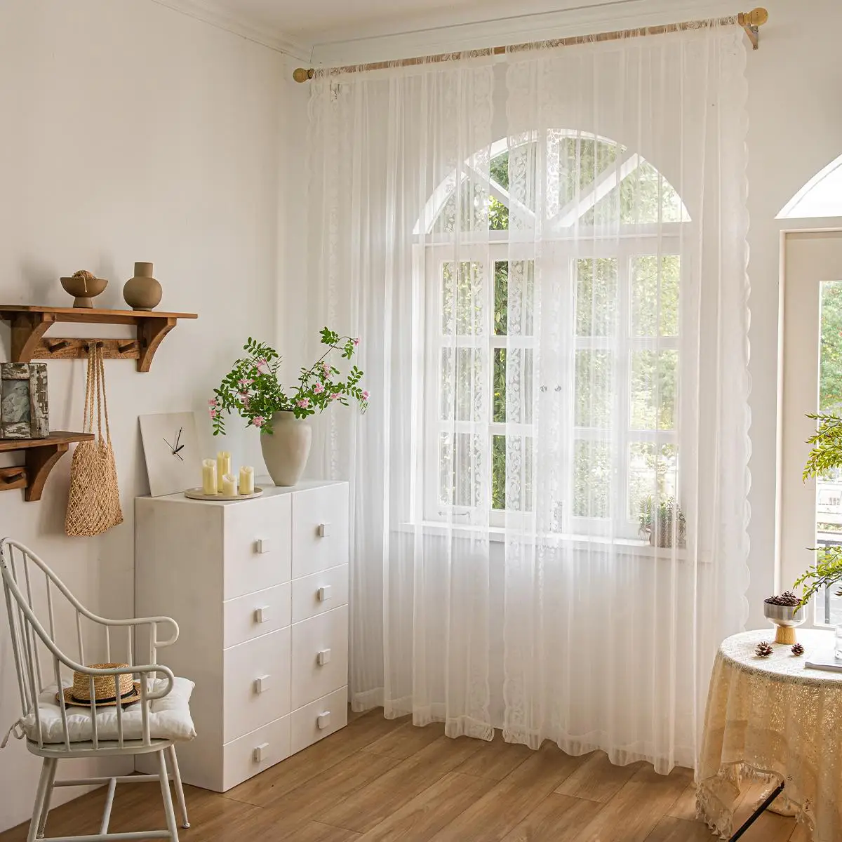 2pcs Flower Embroidered Sheer Curtain, Window Drape for Bedroom & Living Room, Home Decoration