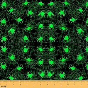 Halloween Themed Spider Web Fabric by The Yard,1 Yard，Fluorescent Green Waterproof Outdoor Fabric,Scary Spider Upholstery Fabric
