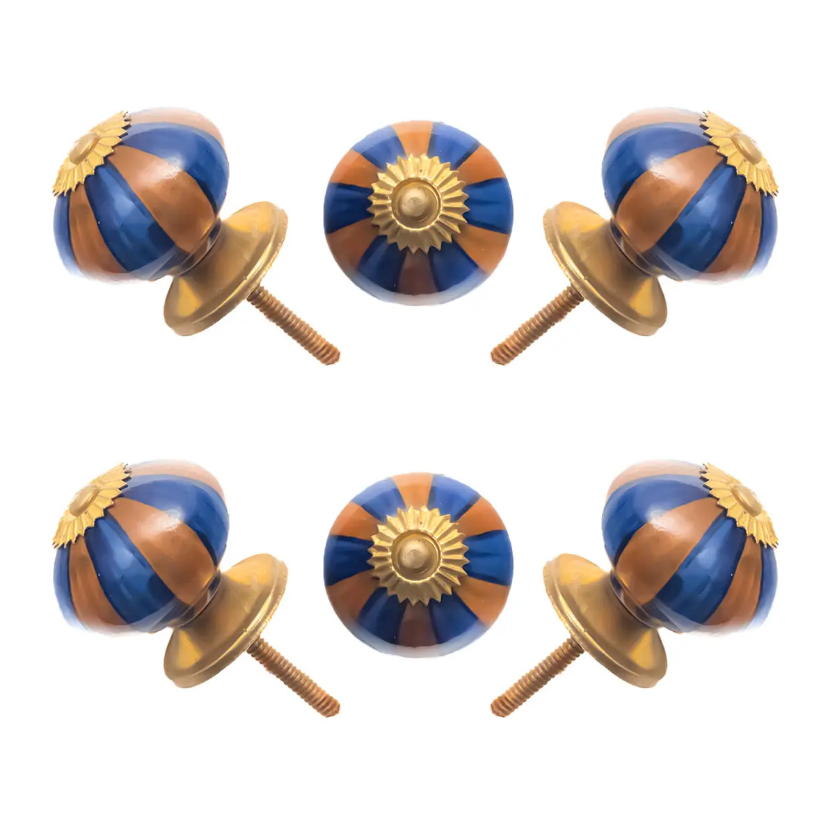 Blue & Brown Striped Ceramic Knob (Pack of 6) - 1.5 Inch Furniture Pulls by CDNY