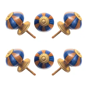 Blue & Brown Striped Ceramic Knob (Pack of 6) - 1.5 Inch Furniture Pulls by CDNY