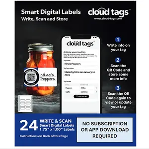 Cloud Tags - Programmable QR Code Stickers | Pack of 24 | Write, Scan & Store | No App or Subscription Needed | Multipurpose, Secure, and Easy-to-Use Tags for Organization, Lost & Found, and