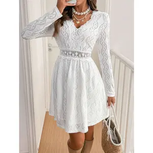 Women's Elegant Solid Color Lace Patchwork Sleeveless Mini Dress - 2026, Scalloped Trim, Lightweight Breathable Fabric, Flowy Slim Fit, Feminine Boho Chic, 1-Piece Casual Wear for Summer Days, Outdoor Vacations