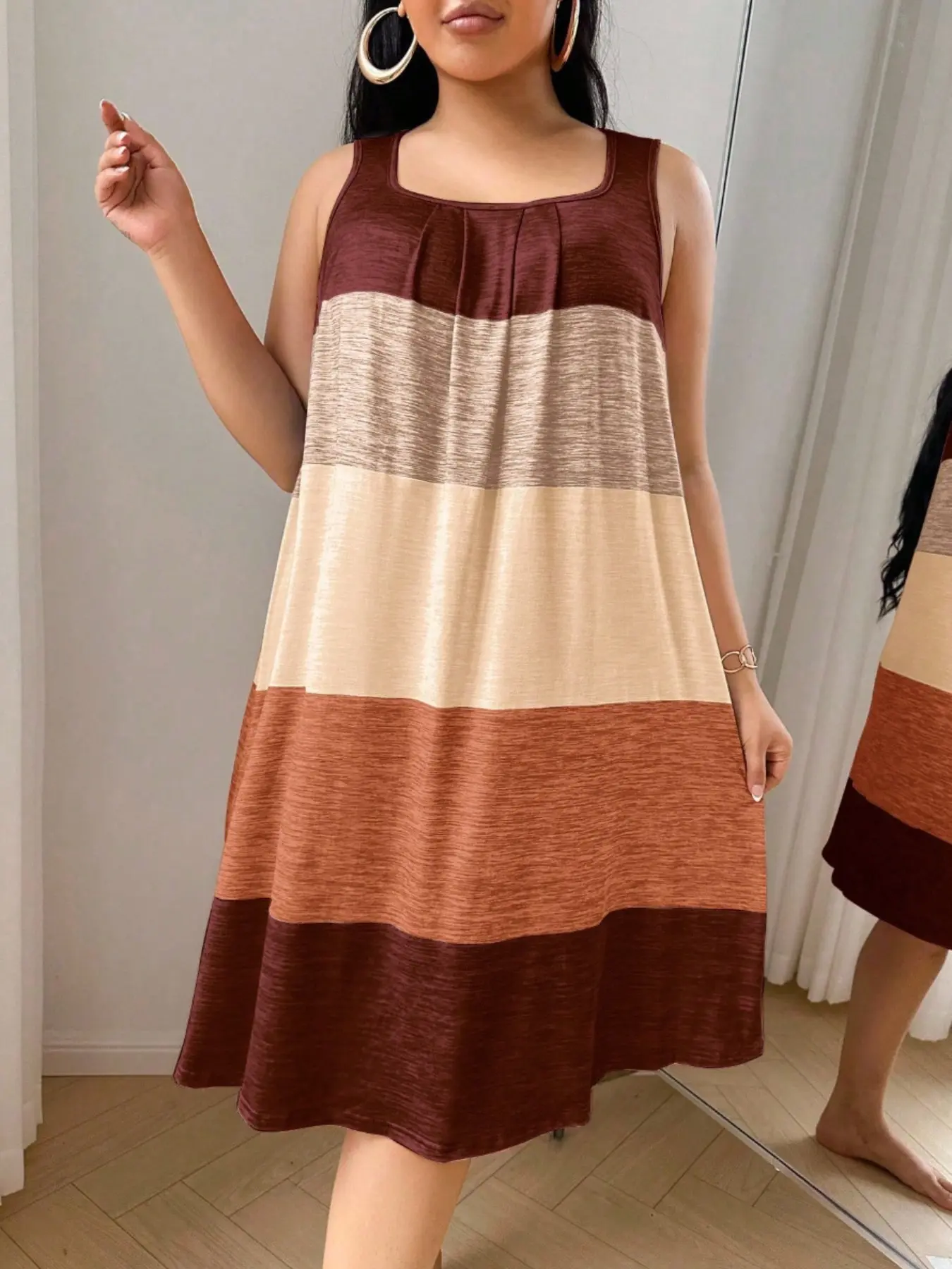 Women's Plus Size Soft Skin-Friendly Patchwork Colorblock Vest Dress, Comfortable Spring Summer Sleepwear, Casual Wearable Long Sleeve, Casual Comfy Nightdress, Lounge Dresses, Soft Sleepwear Loungewear