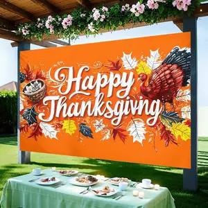 Thanksgiving Banner - Happy Thanksgiving Decoration with Turkey Pumpkin Maple Leaves Autumn Harvest Party Decorations No Electricity Needed Easy Hang Indoor Outdoor Durable Polyester Backdrop for Home