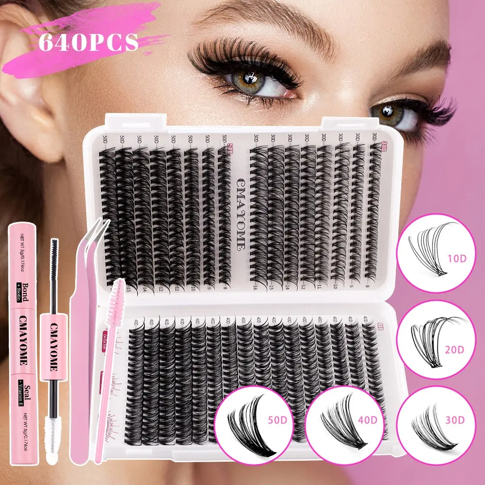 640 Clusters Thick Individual Lash Kit, Diy Eyelash Cluster, 10D-50D Mixed Density False Eyelashes, Eyelash Extension, w/ Glue & Tools, Fine, Natural, Lightweight & Soft, Beginner-Friendly, Suitable for Daily, Festivals, Big Sale Stock-Up