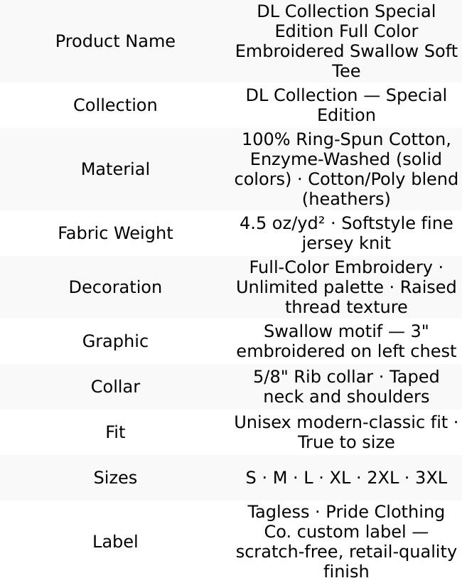 DL Collection Special Edition Full Color Embroidered Swallow Soft Tee DL Collection Special Edition Full Color Embroidered Swallow Soft Tee