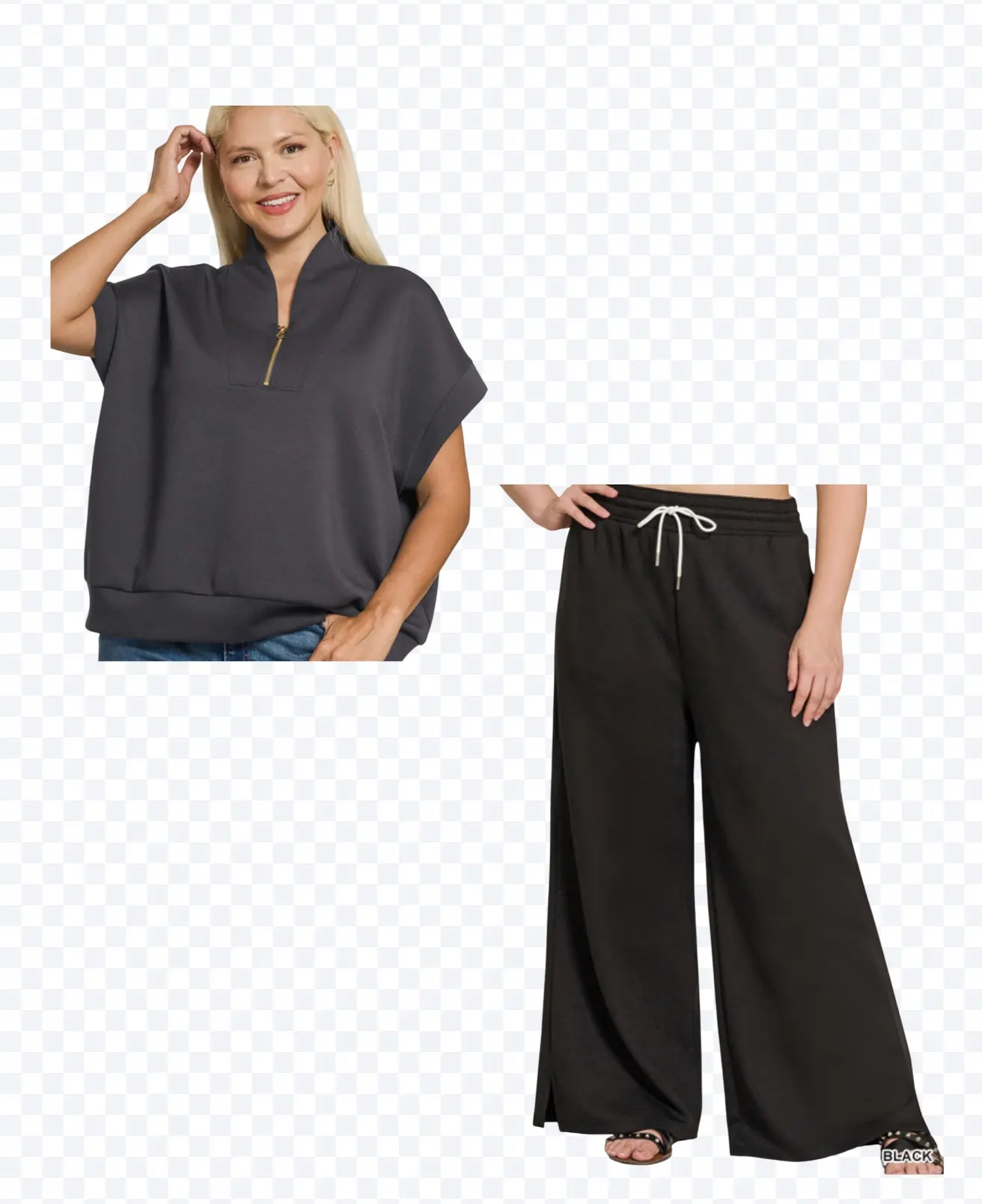 Zenana Women's Scuba 2-Piece Lounge Set - Short Sleeve Quarter Zip Top with Matching Solid Wide Leg Pants, Shortsleeve, Women's Clothes