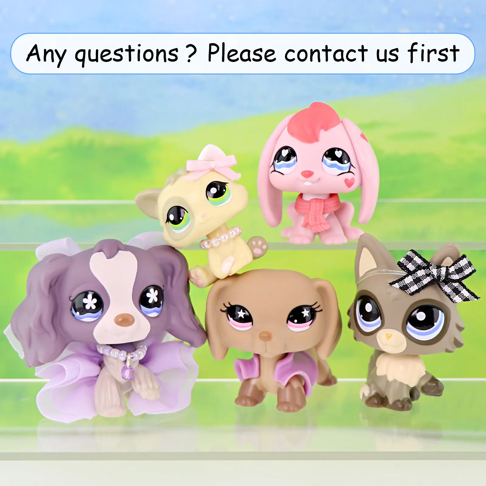 5 Pack Cute Mini Pet Figurines Set, Cartoon Wolf Cat, Spaniel Dog, Pink Bunny, Siamese Cat & Dachshund Collectible Dolls with Bow, Tutu, Scarf & Pearl Necklace Accessories, Small Pocket Animal Figures , Birthday Party Favor Gift for Girls Boys Age 4+