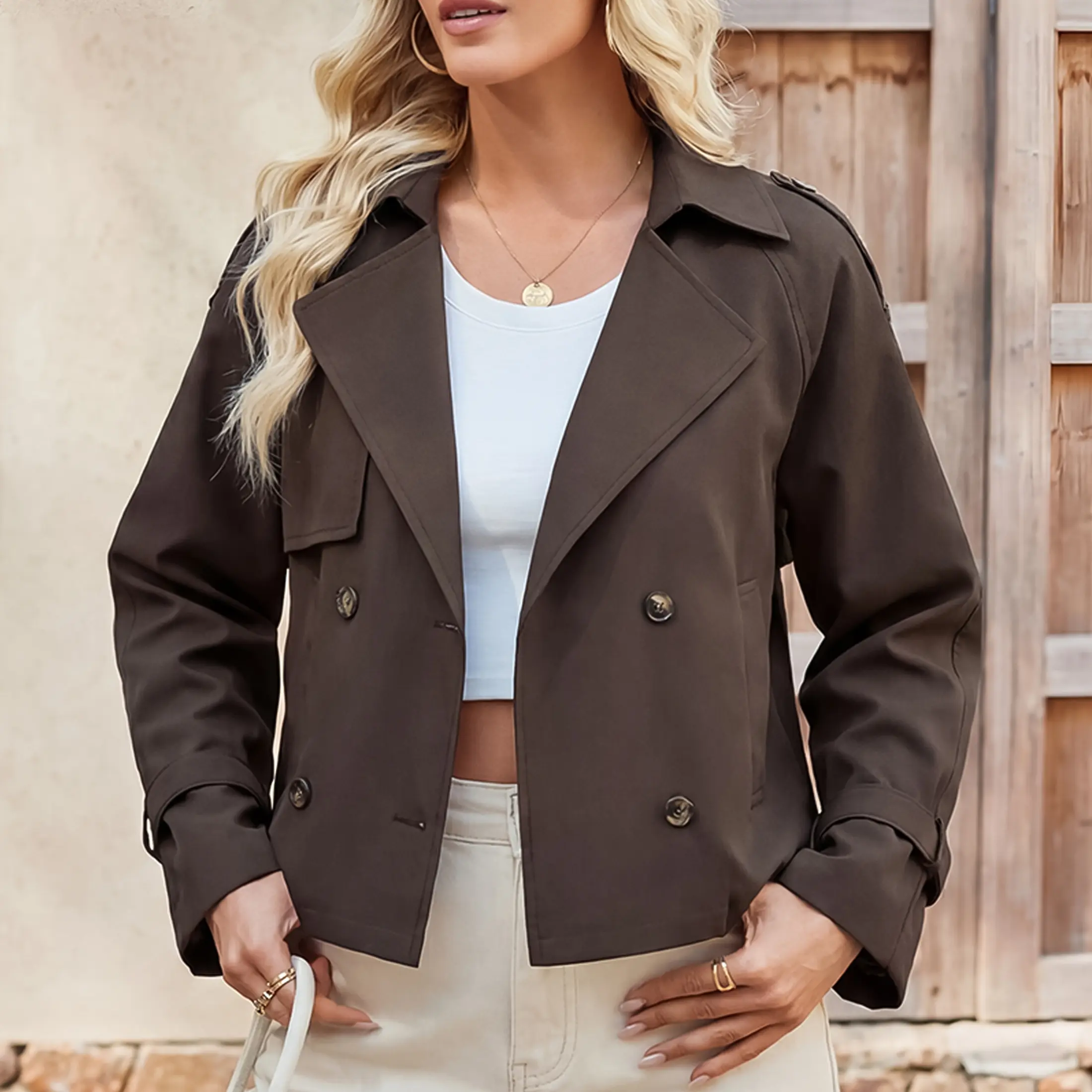 Women's Fall Short Outerwear Casual Cropped Trench Coat Lapel Collar Double Breasted Jacket Springfresh