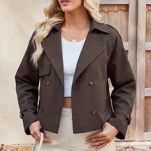 Women's Fall Short Outerwear Casual Cropped Trench Coat Lapel Collar Double Breasted Jacket Springfresh