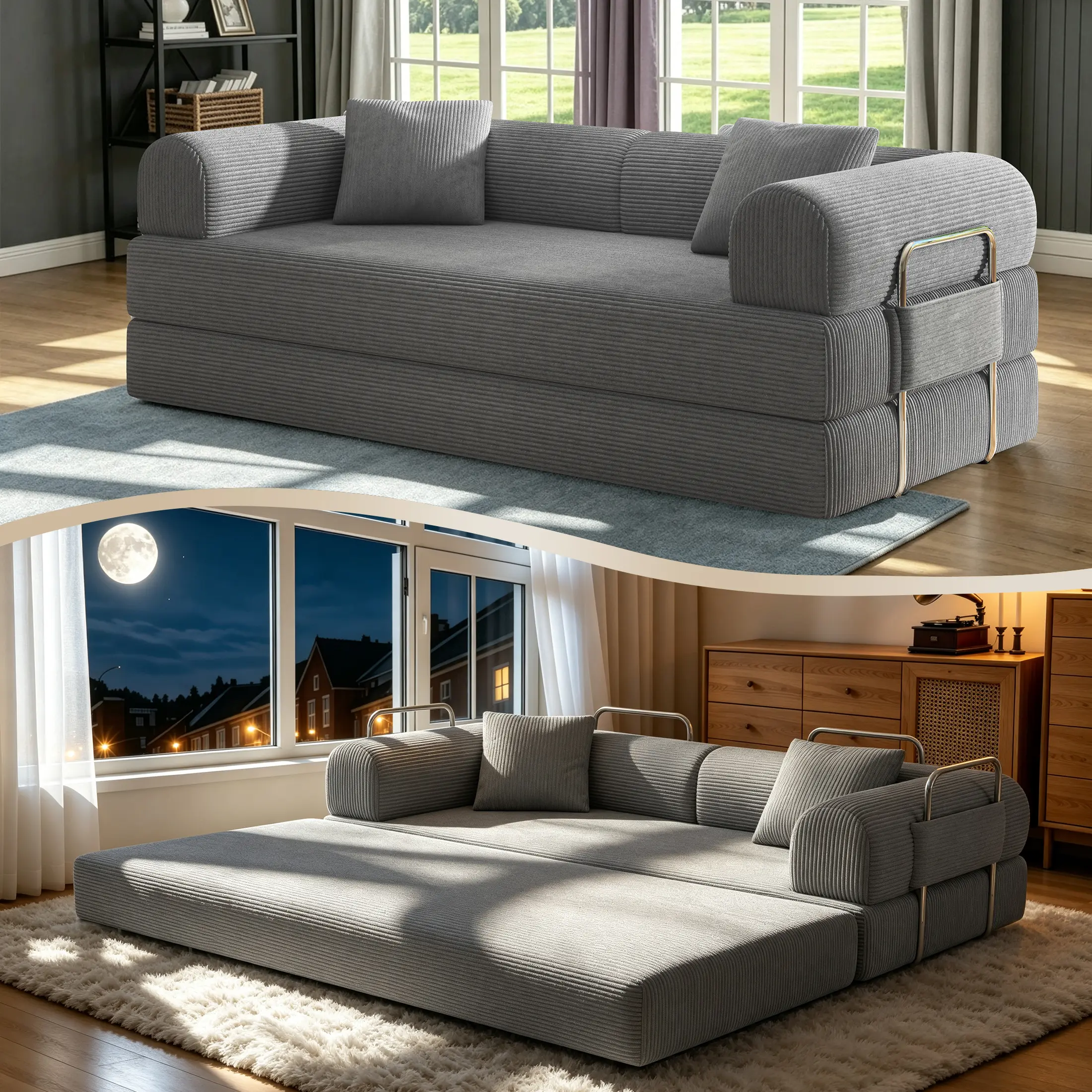 【1 Packages】79 Convertible Sleeper Sofa Bed with 2 Pillows, 5-in-1 Corduroy Futon Couch for Small Spaces, Boneless Couch Floor Modular Sofa with Fixed-Shape Frame, For Guest Bed & Kids Play Area with Washable Cover,teddy sofa for Adults,No-Assembly