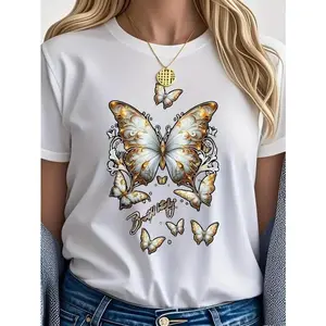 Women's  Size Butterfly Print T-Shirt100%25 Cotton Breathable Short Sleeve Round Neck Casual Tee with Vibrant Butterfly & Floral Graphic on Black - Machine Washable for Daily Wear,  Street Fashion Top Womenswear