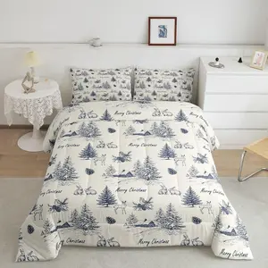 Navy Blue Christmas Comforter Set,Winter Village Bedding Set for Kids Adults,Christmas Tree Reindeer Pattern Bedding Comforter Set,Xmas Holiday Theme Duvet Insert