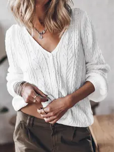 White Solid Cable Knit V-Neck Puff Sleeve Cardigan