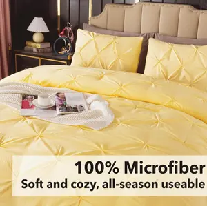 Yellow Pinch Pleat Comforter Queen Set - 3 Pieces (1 Pintuck Comforter and 2 Pillowcases) - All Season Microfiber Down Alternative Bedding Set