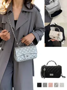 Soft PU Underarm Bag, Fashion Crossbody Bag, Diamond Stitch Texture, Metal Chain Handle & Shoulder Strap, Available in 5 Colors, Handheld or Crossbody