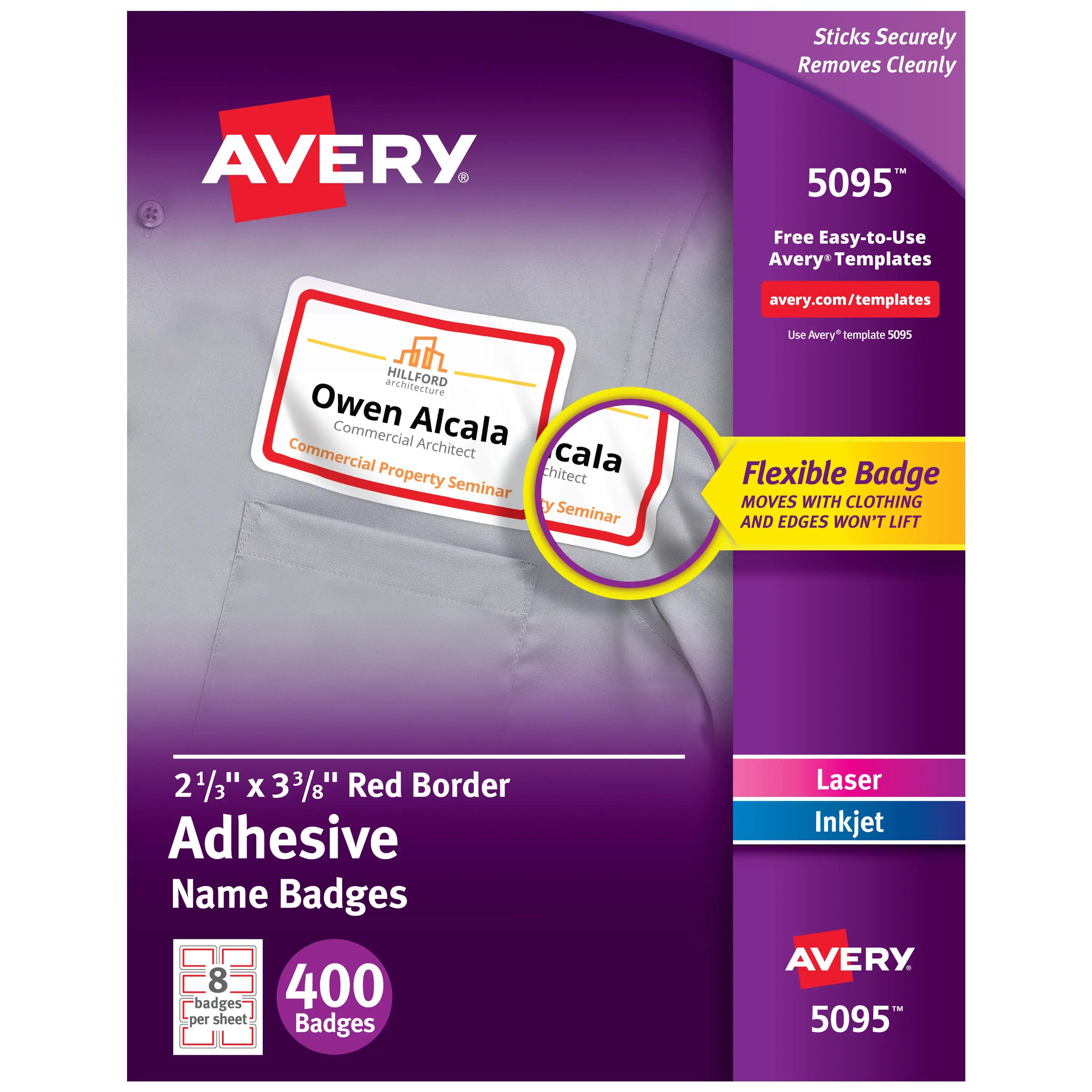 Avery Flexible Printable Custom Name Tags - 2-1/3x3-3/8", White with Red Border, 400 Removable Personalized Nametags, Office Identification Nameplate & ID Tag Supplies (05095)