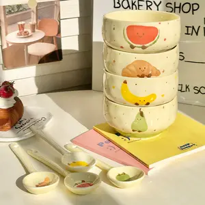 4 Set Cute Fruit Ceramic Bowl Creative Kawaii Hand-painted Ceramic Anti-scald Soup Bowl Home Kitchen Noodle Ramen Tableware Bowl