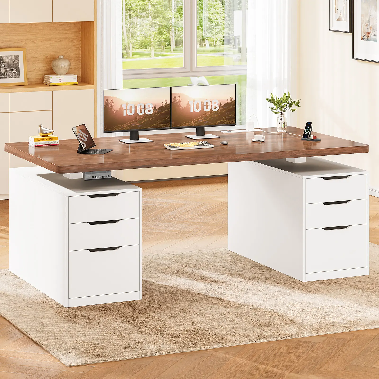 Sedeta 55-Inch Ergonomic Adjustable Height Table - Electric Motorized Pedestal Table with 6 Smooth-Gliding Drawers, Power Outlets, Easy Assembly, Modern Computer Workstation, Furniture-Style Computer Workstation, Large Desk Bureau, Modern Computer Worksta
