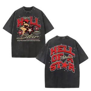 Vintage Washed Black "Hell of a Star Studios 2025" Retro Pin-Up Double-Sided Graphic Oversized T-Shirt, Y2K/Edgy Streetwear Top for Men Women