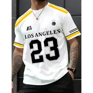 Los Angeles #23 Graphic Tee for Men - Casual & Sporty Short Sleeve Round Neck T-Shirt in White with Yellow Stripes, Stretch Polyester Fabric
