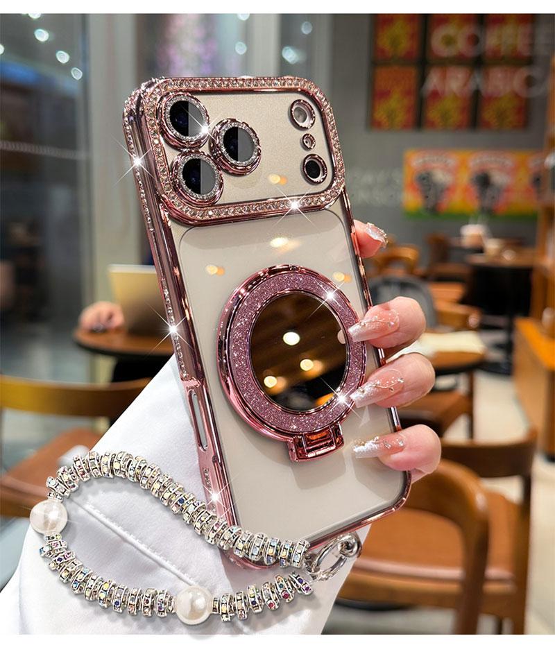 Phone Case with Mirror & Stand for iPhone 12/13/14/15/16/17 Pro Max,17Air,14/15/16 Plus. Features a shiny frame, high-definition transparent material, and full-body drop-resistant design.