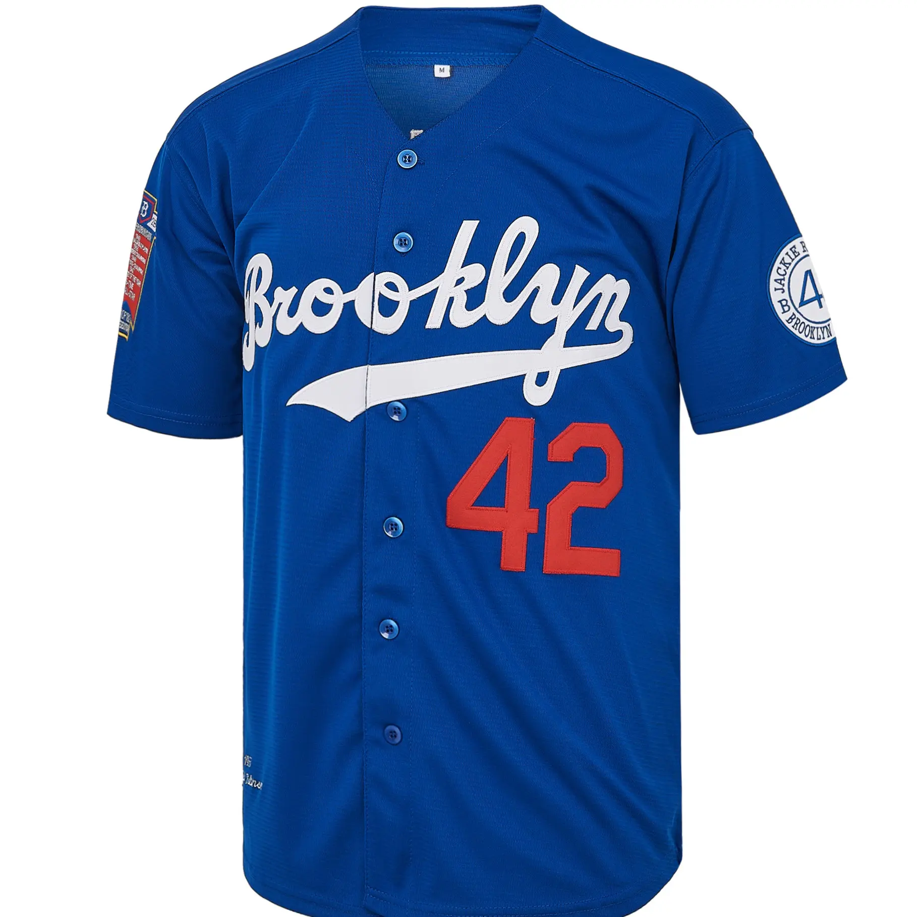 [outdoorfun] Retro 50s Robinson #42 Brooklyn Polyester Short-Sleeve Button-Down Baseball Jersey, White-Blue Embroidery, 50s Retro Vibe, Cold Wash Care, Christmas Festival Gift