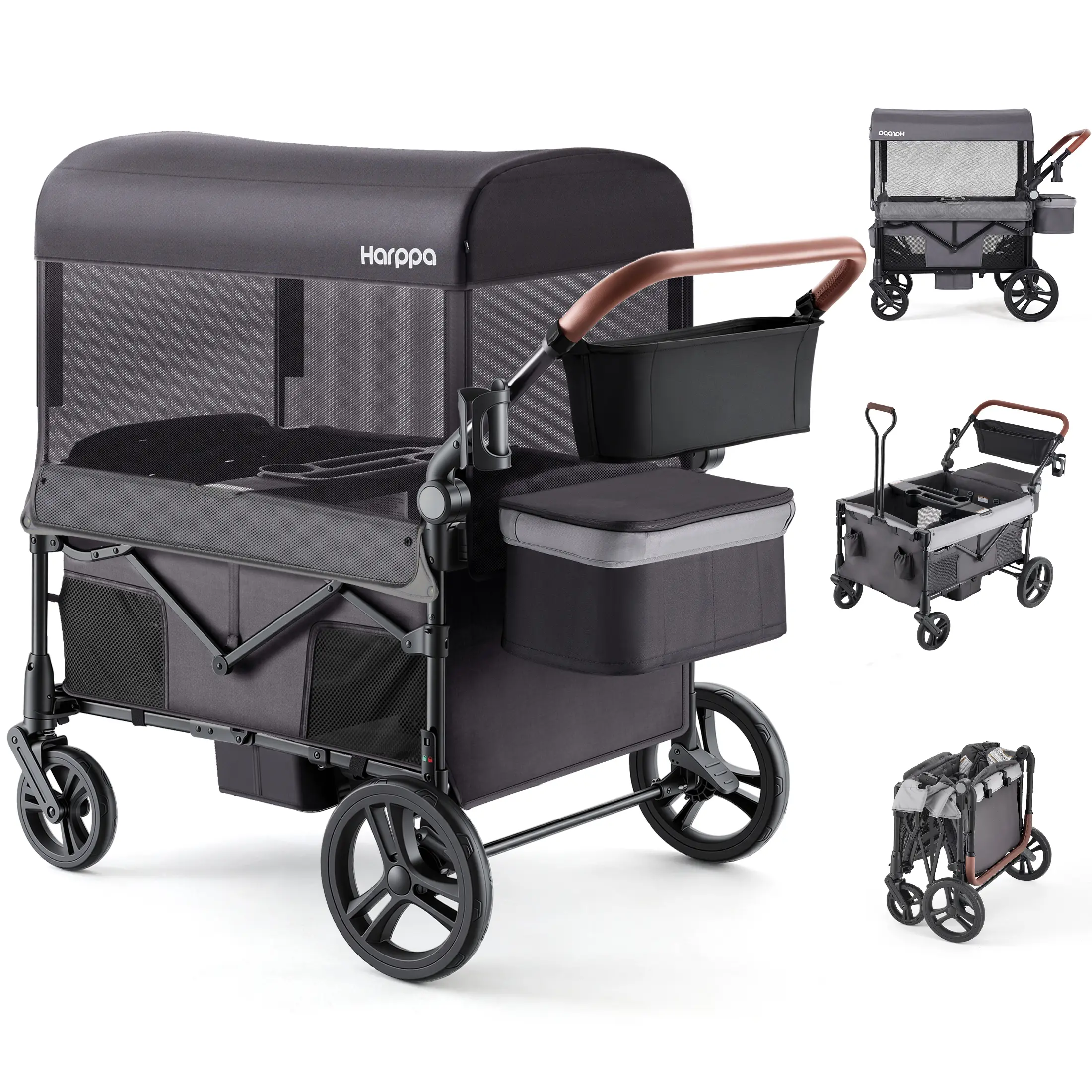 HARPPA All-Terrain Wagon Stroller for 2 with Canopy, Foldable 2-Seat Strollers for Babies, 4 Seats Wagon for Outdoor & Beach, Adjustable Push & Pull Handle, Footwell & Large Storage