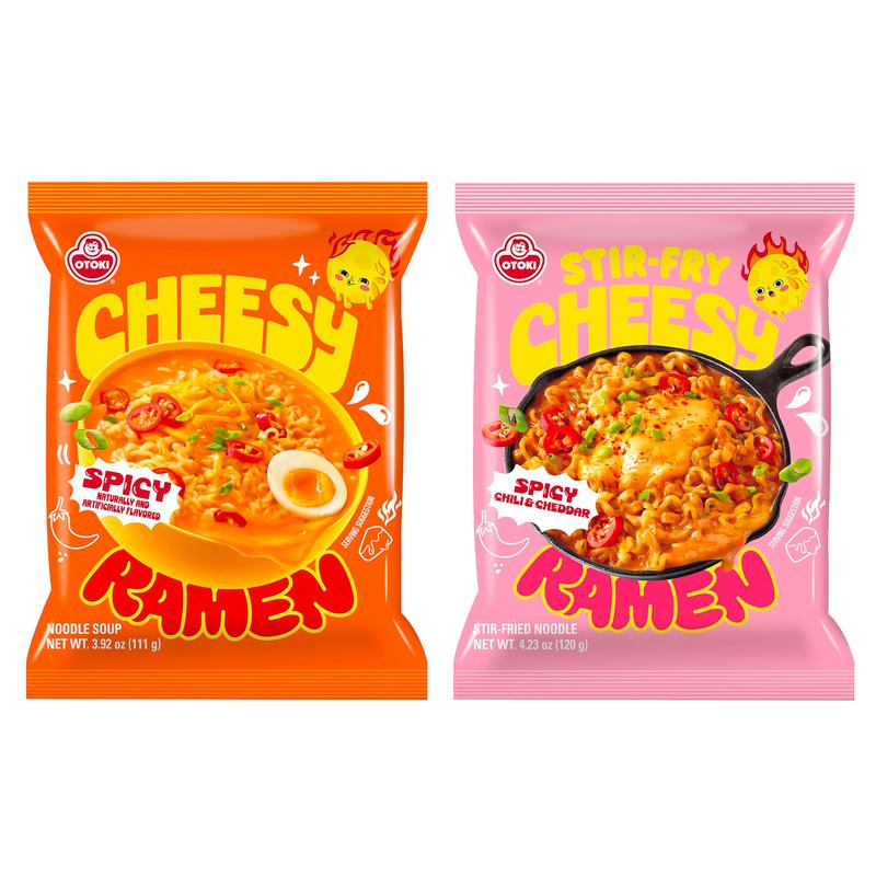 OTOKI Cheesy Ramen Combo, Spicy Soup Flavor and Spicy Chili & Cheddar Stir-Fry Flavor, 4 Pack (2 Packs Each)