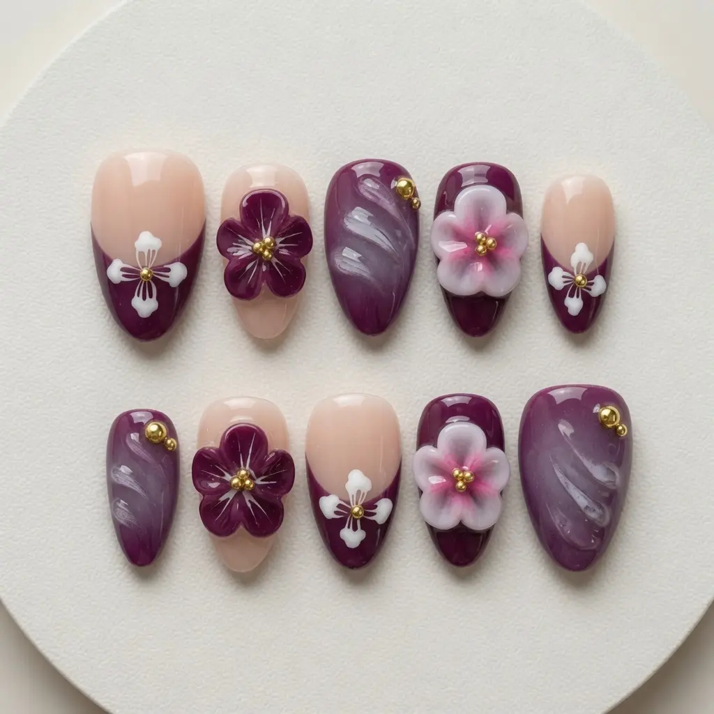 Short Almond Press-On Nails Collection | 10PCS 100% Handmade Reusable Acrylic Nails | Colorful Luxury 3D Pearl and Rhinestone Art | Long-Lasting