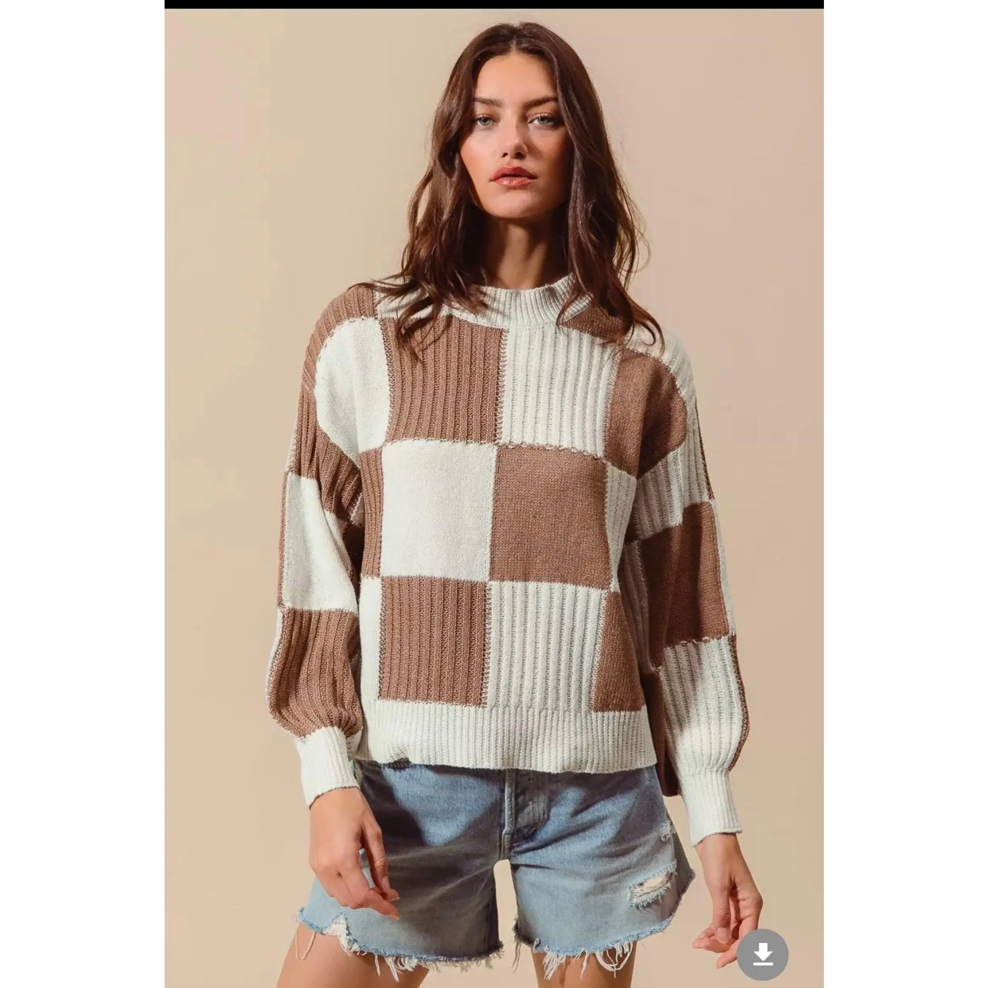 SO ME Ribbed Color Block Checkered Plaid Sweater
