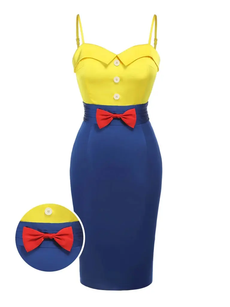 RETRO STAGE Women's 1960s Yellow & Blue Princess Bow-Strap Pencil Dress - Chic Elegant Style, Suitable for Casual, Formal Wear, Lady, Elegant Evening Gown, Sleeveless, Polyester, Shoulder Straps, Back Zipper, Clothes, Below Knee, Occasion, Slim Pencil
