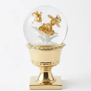 Elegant Gold Floral Snow Globe with Ornate Pedestal Base – High-Gloss Metallic Botanical Tabletop Decor