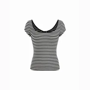 Cider Striped Square Neck Cut Out Backless Short Sleeve Tee SummerWins Dealsforyou