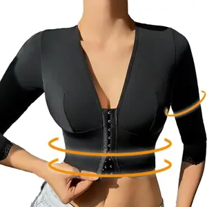 Women's Arm Shaper Front Closure Long Sleeve Shapewear Top Seamless High-Stretch Fabric Chest Gather Post-Surgery Recovery Body Shaper