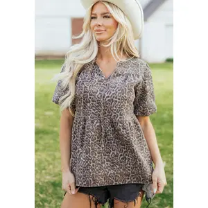 Brown Leopard Tie Neck Short Puff Sleeve Denim Babydoll Top