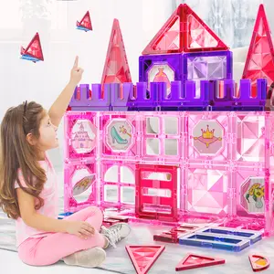54-piece princess-themed colorful magnetic tile set with translucent diamond window panels, STEM early learning educational building blocks for ages 3–8 children, Strong magnets make assembly easy, develops hands-on skills and creativity, An ideal gift