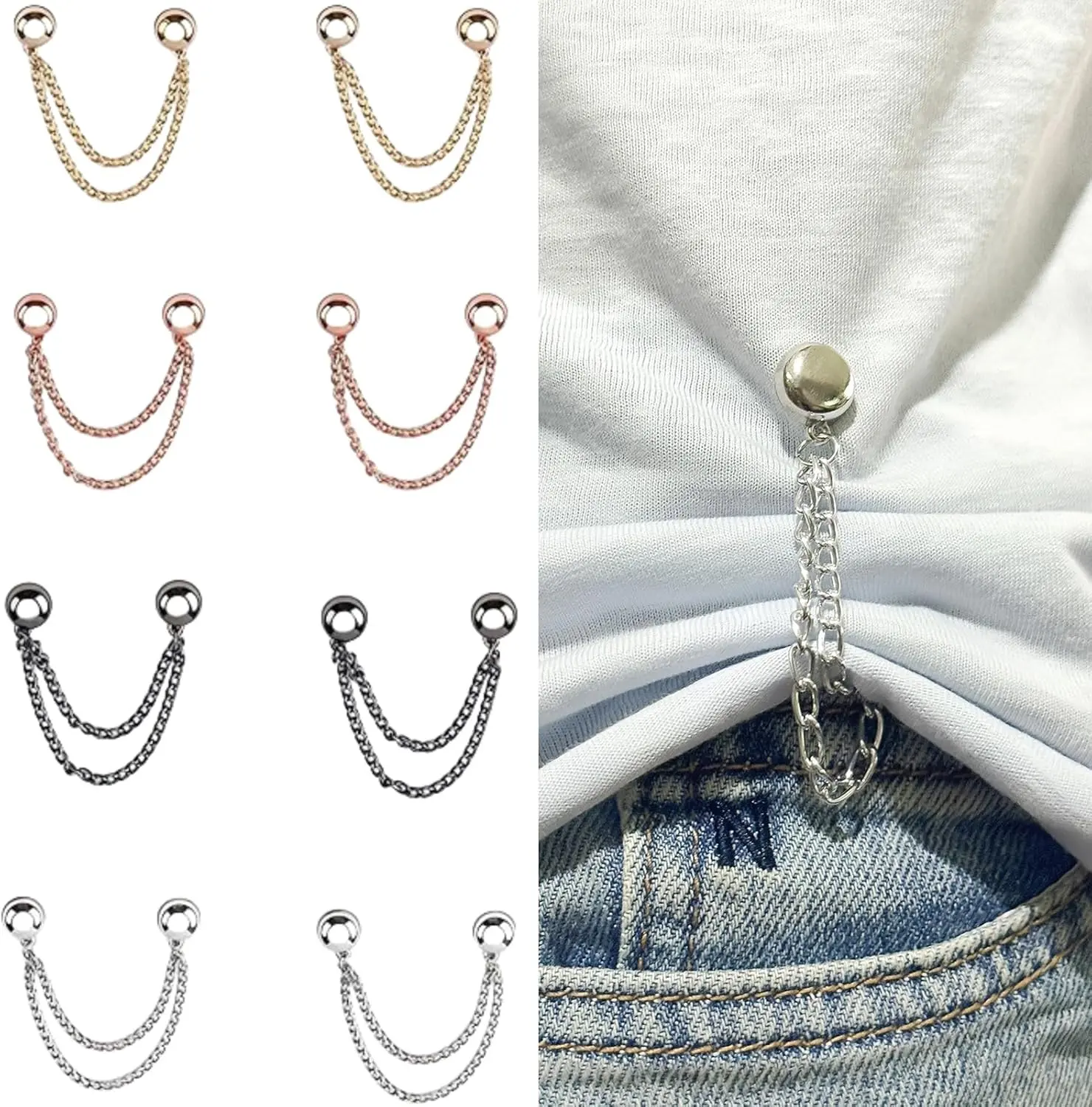 16PCS Magnetic Clothing Clips - Multi-Function Magnetic Buttons with Chain, Strong Magnet Pin for T-Shirt Shortening, Fixing Scarves, Hijab, Collar, Pants Hems & More, Brooch Pin & Sewing Clips in One